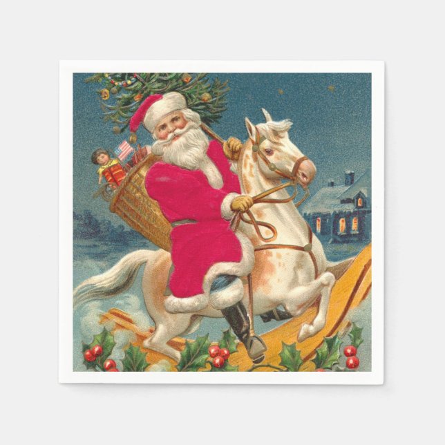 Servilleta De Papel Santa Claus on a wooden horse (Anverso)