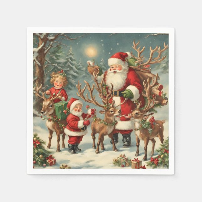 Servilleta De Papel Santa Claus vintage con niños, renos y regalos  (Anverso)