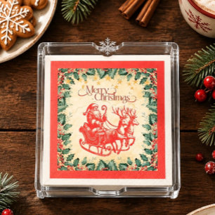 Servilleta De Papel Santa Claus Vintage en Trineo sobre Papel Rojo