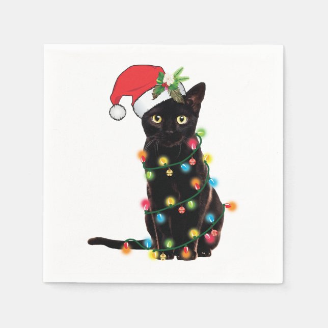 Servilleta De Papel Santa Gato Negro Enfrentado En Navidades Encendido (Anverso)