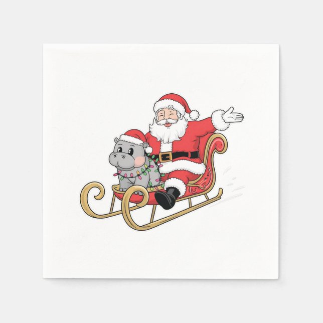 Servilleta De Papel Santa Riding Sleigh con un bebé moo deng Hippo (Anverso)