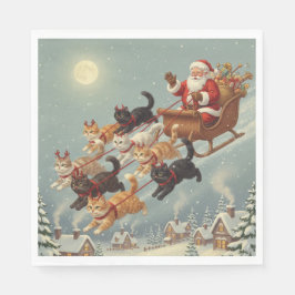 Servilleta De Papel Santa Sleigh with Flying Cats Napkins
