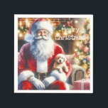 Servilleta De Papel Santa y un cachorro | Vintage Christmas<br><div class="desc">Un bonito acuarela estilo ai arte que representa a Santa sosteniendo un cachorro en su regazo en la víspera de los Navidades con vibraciones vintage. servilletas de papel fiesta para navidades.</div>