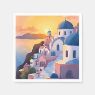 Servilleta De Papel Santorini, Grecia Puesta de sol de la costa en a