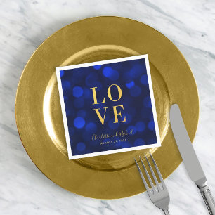 Servilleta De Papel Sapphire Blue Bokeh enciende Faux Gold Love