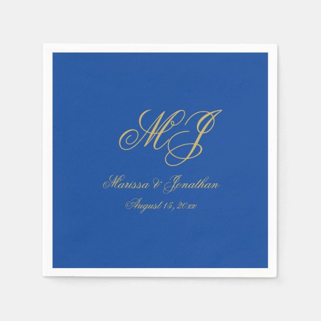 Servilleta De Papel Sapphire Blue Gold Monograma simple Boda de guione (Anverso)