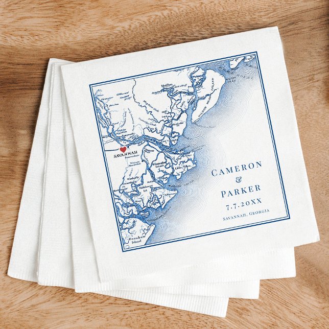 Servilleta De Papel Savannah Georgia Map Elegy Navy Boda Napkin (Elegant Savannah Georgia Custom Wedding napkins with personalized navy blue map)