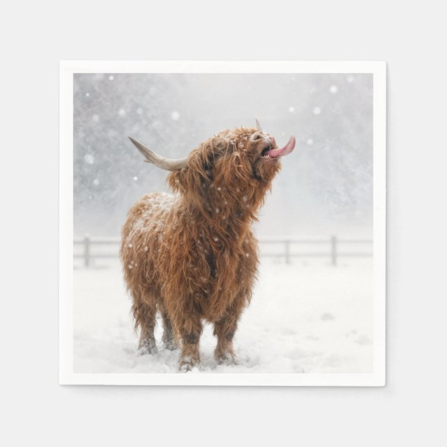 Servilleta De Papel Scottish Highland Cow Licking Snowflakes (Anverso)