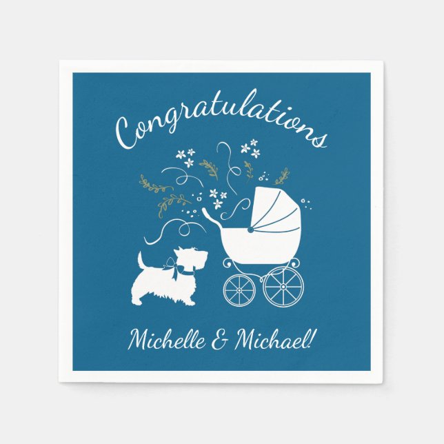 Servilleta De Papel Scotty Dog Baby Shower Puppy Scottish Terrier Blue (Anverso)