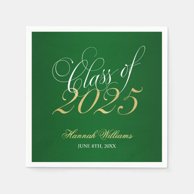 Servilleta De Papel Script Green Gold Class of 2025 Graduation (Anverso)