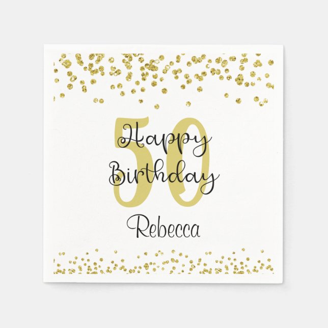 Servilleta De Papel Script HAPPY 50th BIRTHDAY Name Gold Purpurina (Anverso)