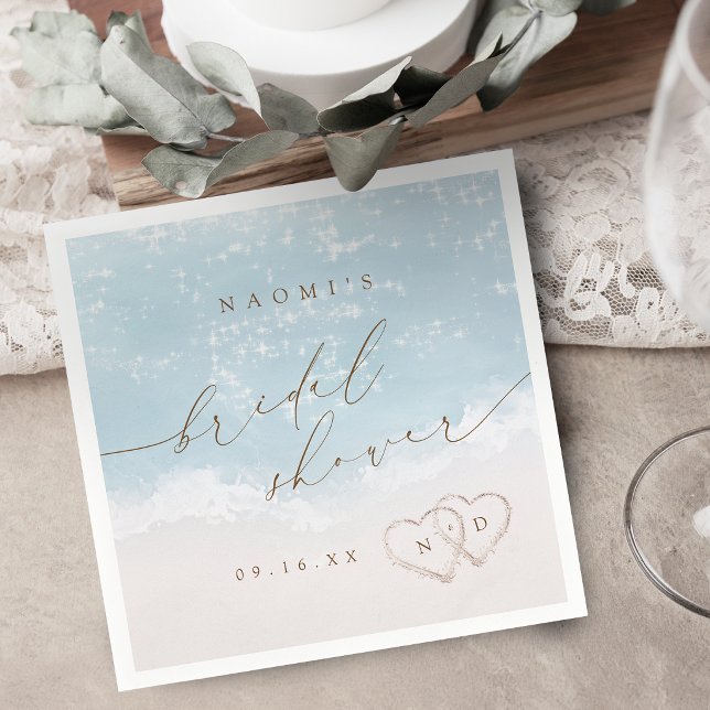 Servilleta De Papel Script Moderno Arenas Corazones Fiesta de Despedid (Modern Script Sand Hearts Beach Bridal Shower Napkins)