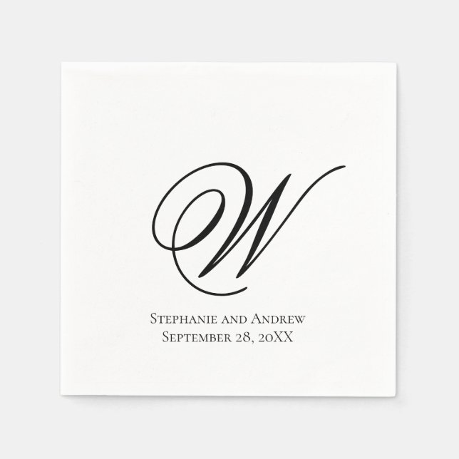 Servilleta De Papel Script Monograma Negro Blanco Boda Elegante (Anverso)