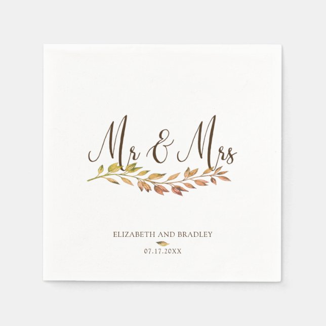 Servilleta De Papel Script Mr. y Mrs. | Boda de la vegetación otoñal (Anverso)