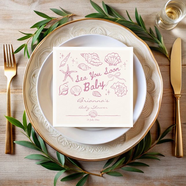 Servilleta De Papel Sea you soon seashells beach girls baby shower (Sea you soon pink seashells beach seaside girls baby shower personalized napkins)