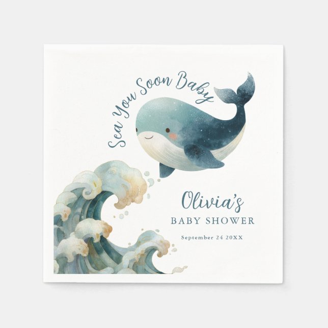 Servilleta De Papel Sea You Soon Whale Ocean White Baby Shower (Anverso)