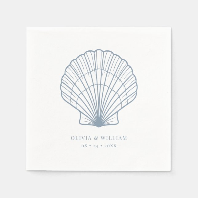 Servilleta De Papel Seashell Beach Dusty Blue Coastal Boda (Anverso)