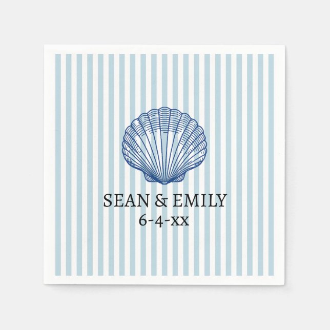 Servilleta De Papel Seashell Painting Nautical Stripe Wedding (Anverso)