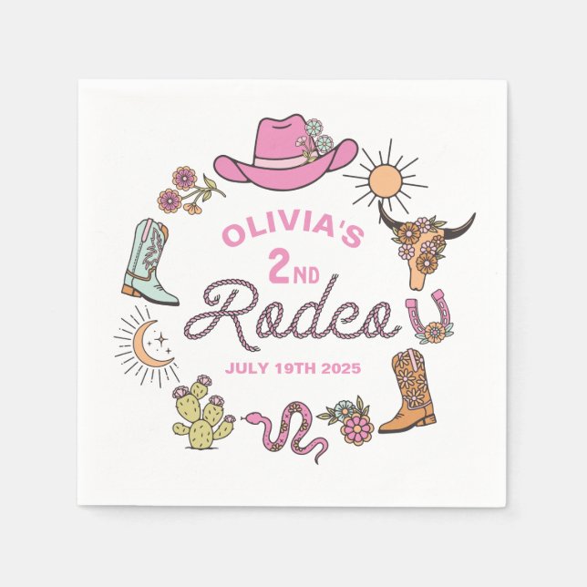 Servilleta De Papel Segundo Rodeo Pink Western Cowboy Cumpleaños 2 (Anverso)