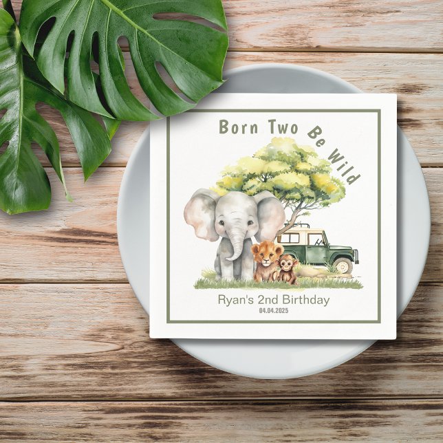 Servilleta De Papel Selva Safari Nacida Dos Seres Animales Salvajes Cu (Safari Jungle Born Two Be Wild 2nd Birthday Napkin)