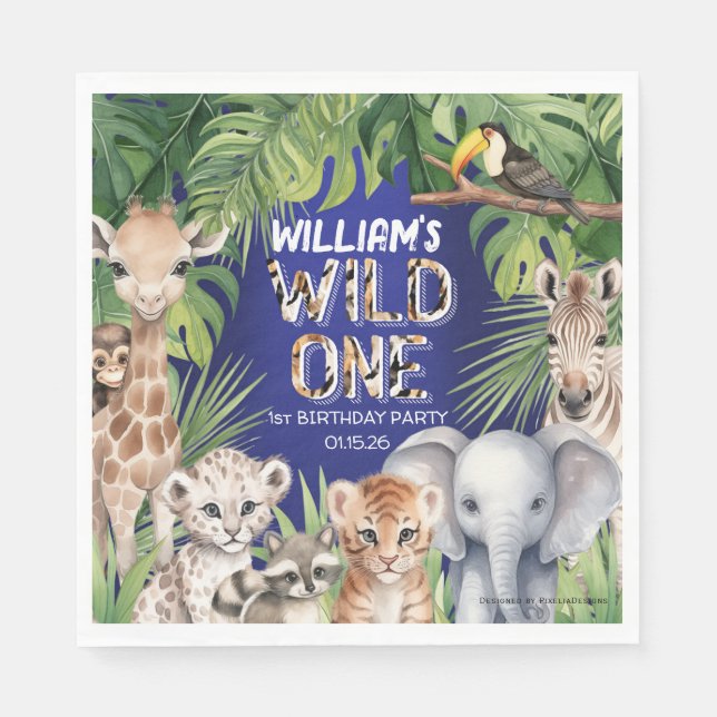 Servilleta De Papel Selva temática 1º cumpleaños Salvaje un azul marin (Anverso)