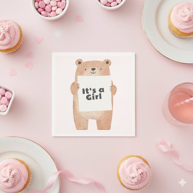 Servilleta De Papel señal de la mano del oso lindo bebé rosa (Pink it's a girl teddy bear baby shower gender reveal napkin)