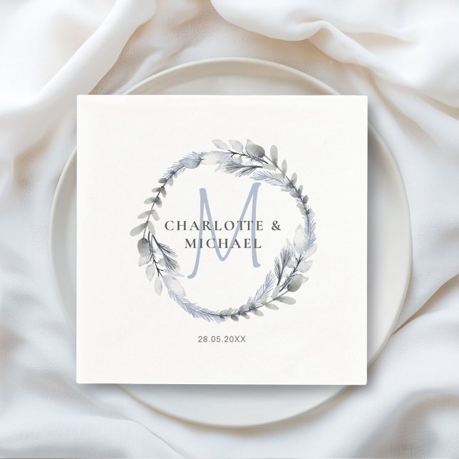 Servilleta De Papel Sencillas y elegantes toallas de eucalipto (Simple elegant monogram eucalyptus napkins with your names and date.)