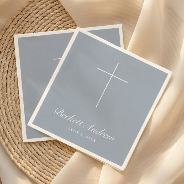 Servilleta De Papel Sencillo Bautizo Cruz Azul Polvoriento Script (Simple Dusty Blue Cross Script Baptism, Christening or First Holy Communion Napkins.)