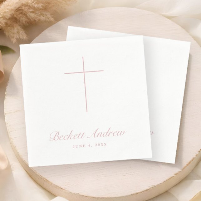 Servilleta De Papel Sencillo Bautizo de Cruz con Letra Script Rosa Pol (Simple Dusty Pink Cross Script Baptism, Christening or First Holy Communion Napkins.)