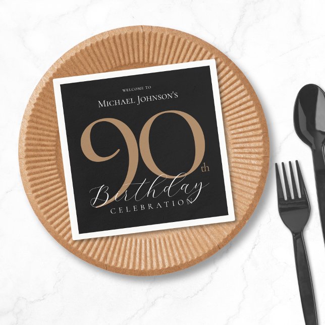 Servilleta De Papel Sencillo y elegante Oro Negro 90 cumpleaños (Simple Elegant Black Gold 90th Birthday Napkins)