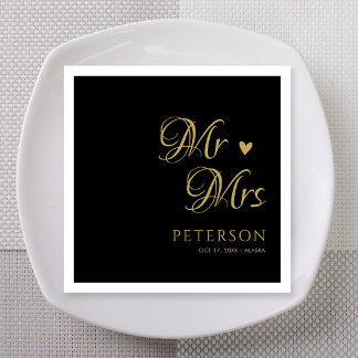 Servilleta De Papel Señor y Señora Corazón Boda Oro Negro Personalizad