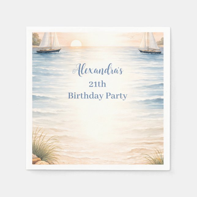 Servilleta De Papel Serene Coastal Sail Birthday (Anverso)