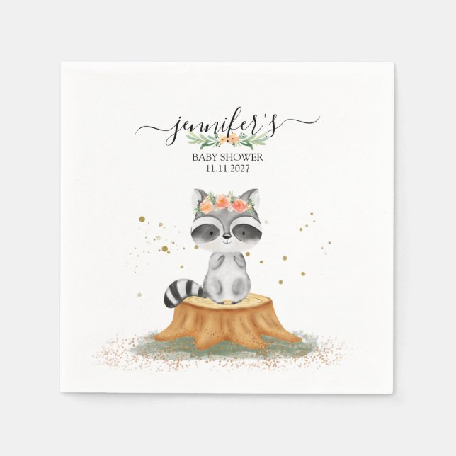Servilleta De Papel Serene Raccoon Forest Baby Party (Anverso)