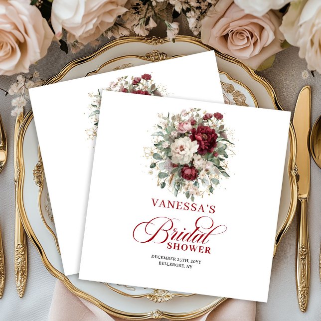 Servilleta De Papel Servilletas Artísticas de Regadera Nupcial Floral  (Artistic Burgundy Floral Bridal Shower Napkins)