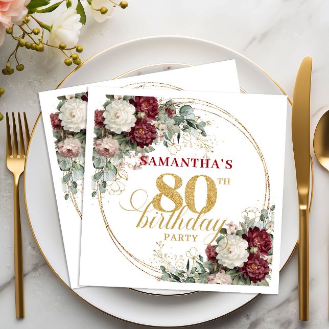 Servilleta De Papel Servilletas Boho Borgoña Eucalipto Cumpleaños 80 (Boho Burgundy Eucalyptus 80th Birthday Napkins)