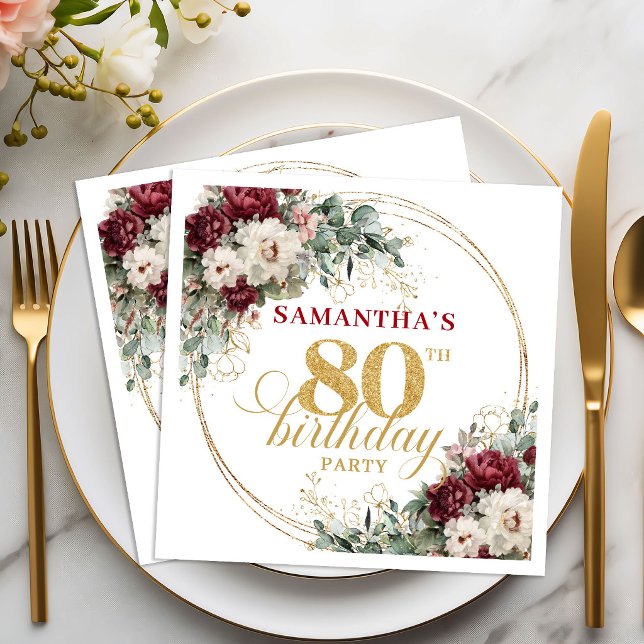 Servilleta De Papel Servilletas Boho Marsala Floral Gold Cumpleaños 80 (Boho Marsala Floral 80th Birthday Napkins)