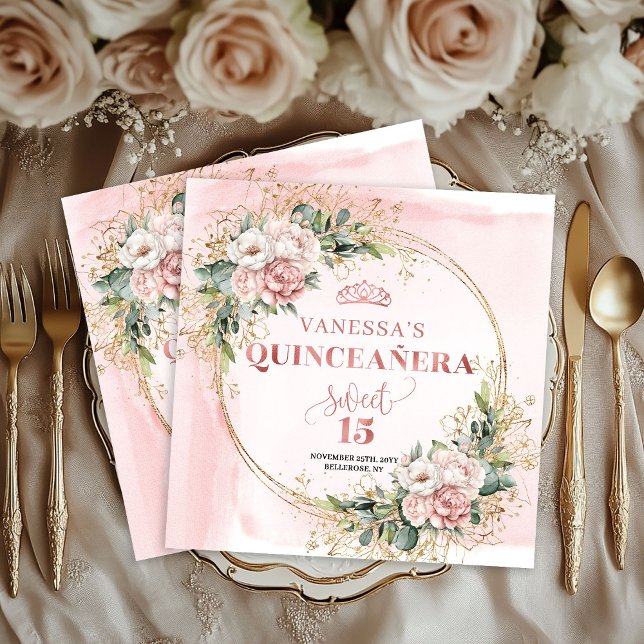 Servilleta De Papel Servilletas Botánicas de Rosa Dourada para Fiesta  (Rose Gold Botanical Napkins for Quinceañera Party)