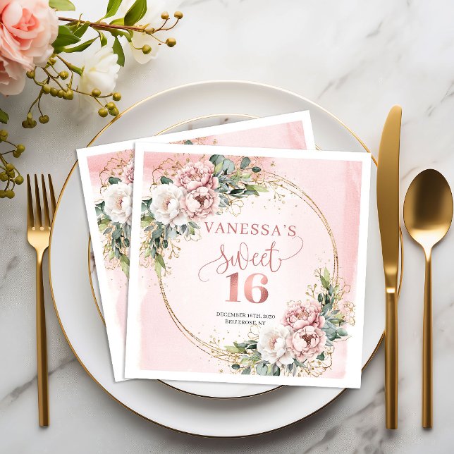 Servilleta De Papel Servilletas Chic Boho Rosa Dorado Vegetación Sweet (Chic Boho Rose Gold Greenery Sweet Sixteen Napkins)