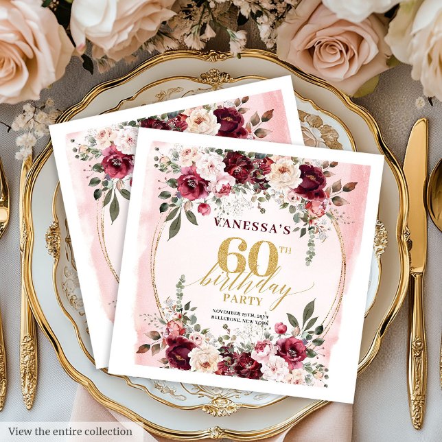 Servilleta De Papel Servilletas Chic Boho Rosas Granate Cumpleaños 60 (Chic Boho Maroon Roses 60th Birthday Napkins

)