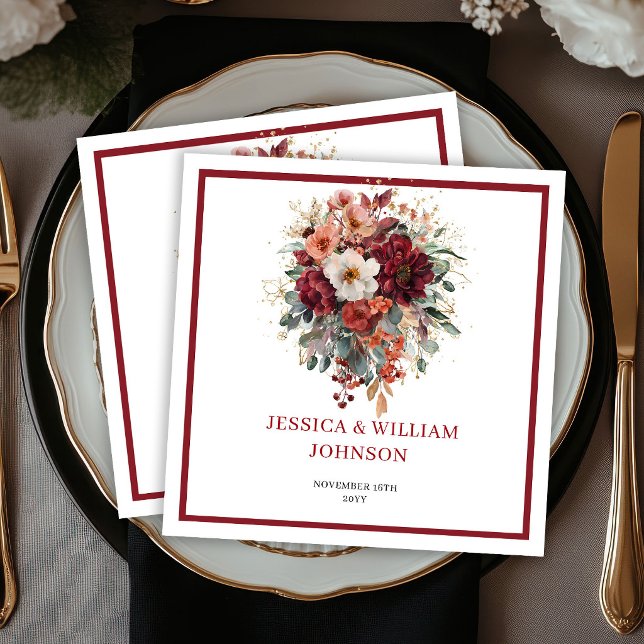 Servilleta De Papel Servilletas de boda boho florales granate de eucal (Fall Maroon Floral Boho Eucalyptus Wedding Napkins

)
