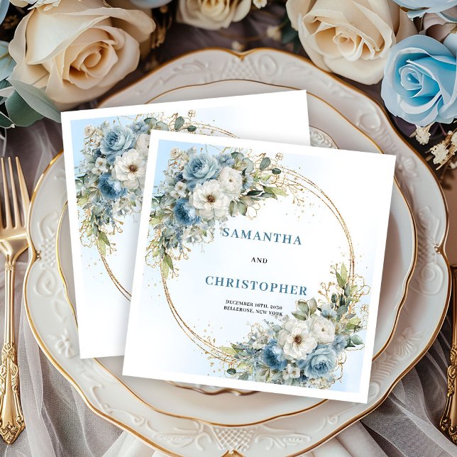 Servilleta De Papel Servilletas de boda Chic Blue Flowers con marco do (Chic Blue Flowers Gold Frame Wedding Napkins)
