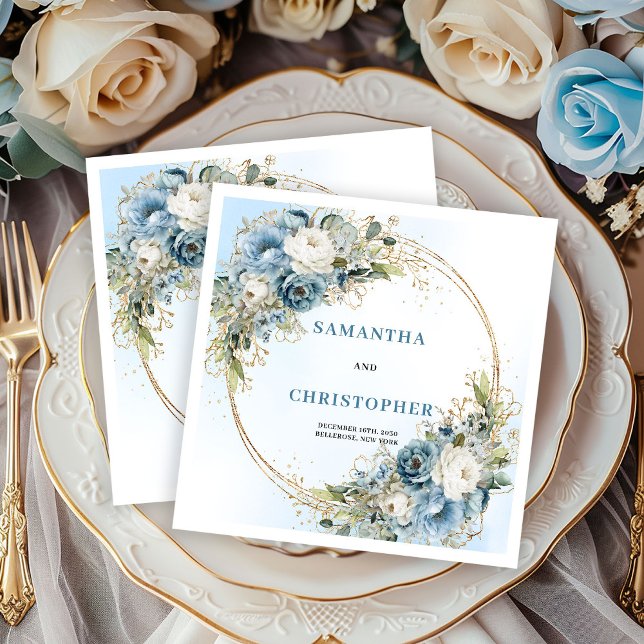Servilleta De Papel Servilletas de boda con flores azules modernas y b (Modern Blue Floral Gold Glitter Wedding Napkins)