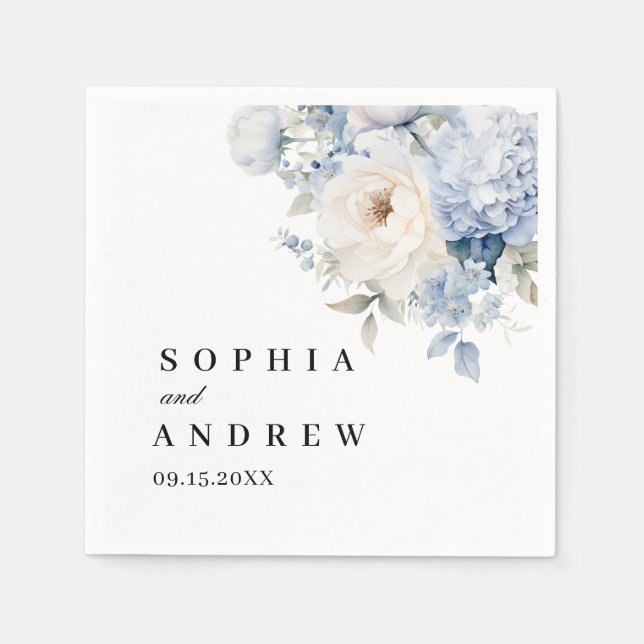 Servilleta De Papel Servilletas de boda con flores azules y blancas (Anverso)