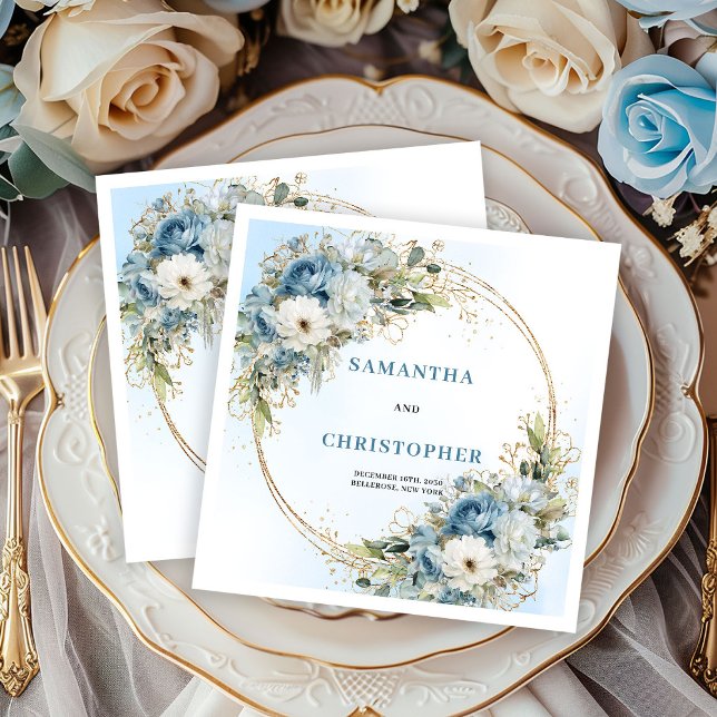 Servilleta De Papel Servilletas de boda con marco de purpurina dorada  (Chic Blue Peony Gold Glitter Frame Wedding Napkins)