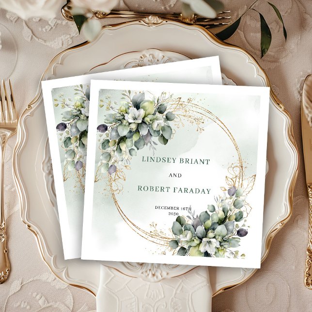 Servilleta De Papel Servilletas de boda con rosas blancas modernas y f (Modern White Roses Greenery Wedding Napkins)