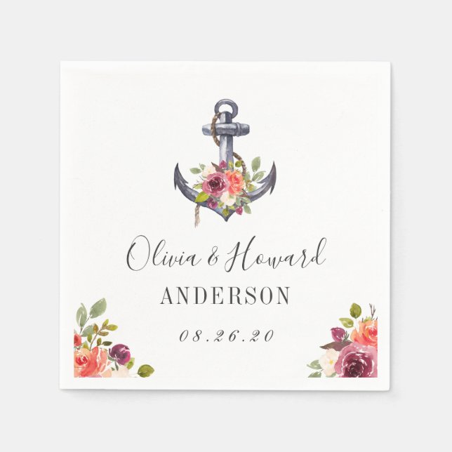 Servilleta De Papel Servilletas de boda de ancla floral náutica (Anverso)