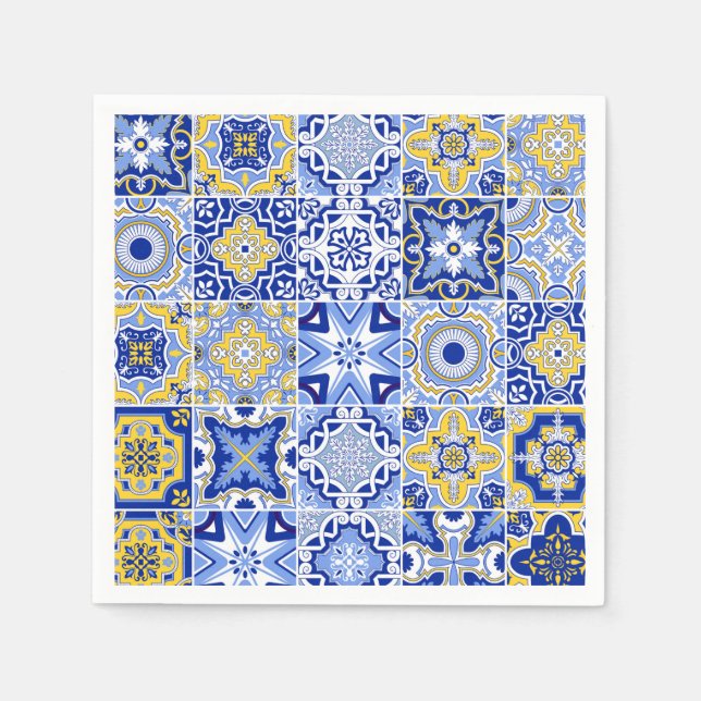 Servilleta De Papel Servilletas de boda de azulejo mediterráneo azul y (Anverso)