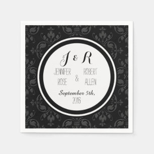 Servilleta De Papel Servilletas de boda de damasco floral negro y gris