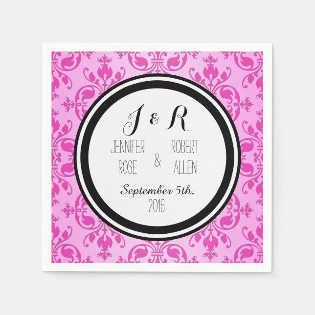 Servilleta De Papel Servilletas de boda de damasco negro blanco rosa (Anverso)