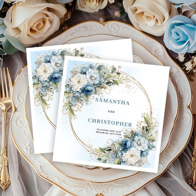 Servilleta De Papel Servilletas de boda de peonía azul polvorienta con (Classy Dusty Blue Peony Wedding Napkins Gold)